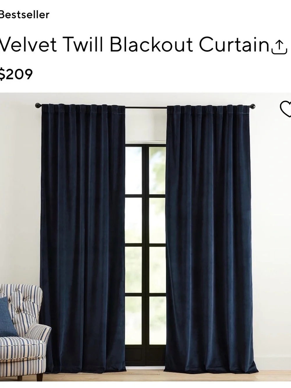 Set of 2 Pottery Barn Velvet Twill Curtain Black Out Panel - Navy Blue 50x96”